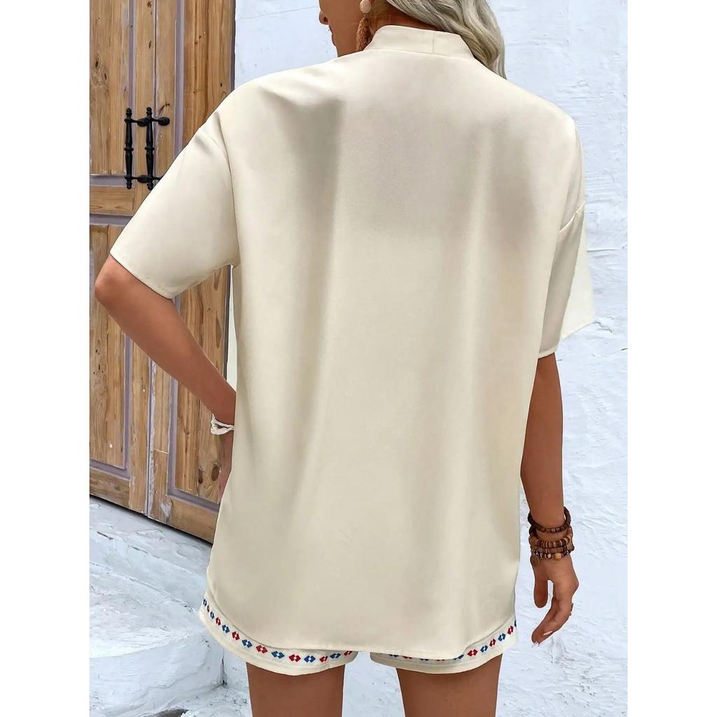 2026 Summer New Fashion Women's Flower Print Two-piece Outfits Casual Vacation Short Sleeve Cardigan + Shorts Set 100% Polyester
