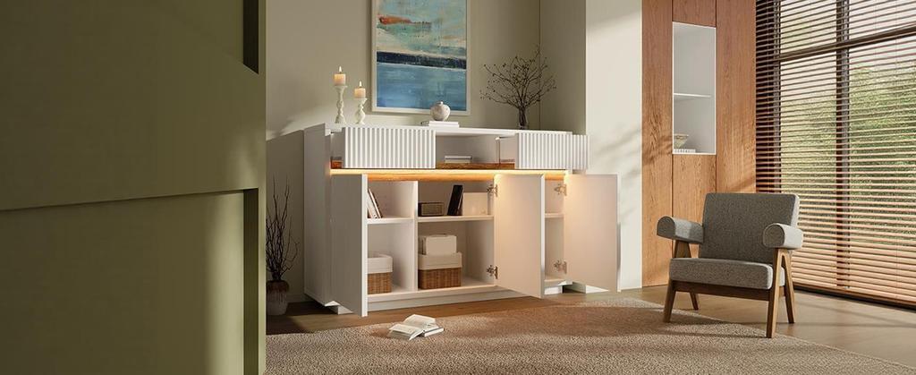 Sideboard White with LED 140x40x85 Cm, Chest of Drawers with 2 Drawers and 3 Doors, with Adjustable Shelves, Modern Living Room, Hallway, Kitchen