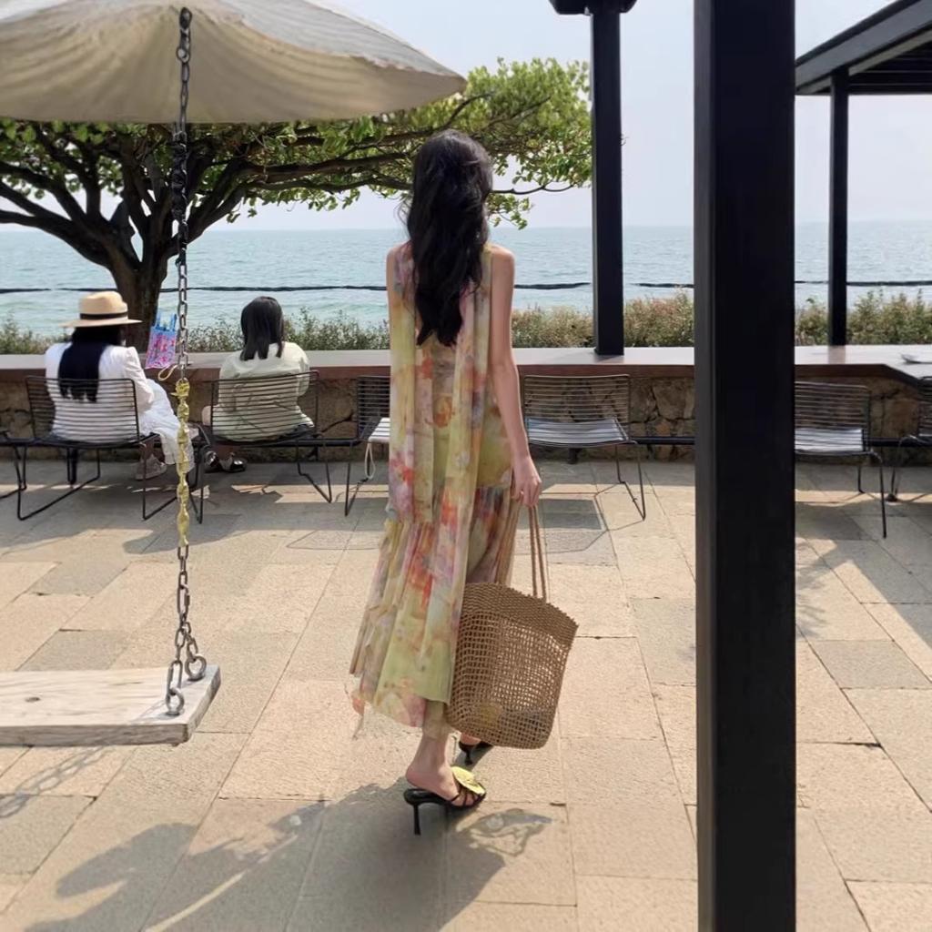 Bohemian Elastic Mesh Yarn Smudge Slim Suspender Dress Temperament Oil Painting Long Dress Seaside Vacation Dress