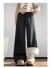 Women's Ash-Black Striped Wool Wide-Leg Pants with High Waist, Autumn/Winter Style, Plus Velvet, Loose Straight-Leg Design
