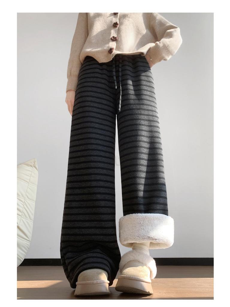 Women's Ash-Black Striped Wool Wide-Leg Pants with High Waist, Autumn/Winter Style, Plus Velvet, Loose Straight-Leg Design