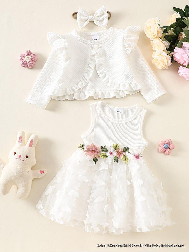 Bezrukávové šaty pre batoľatá dievčatá s kvetinovým patchworkom, sieťovanou sukňou s motýľmi a čelenkou