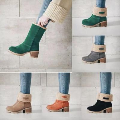 Winter Women's Mid-Tube Cotton Boots with Thick Heels and High Heels, Fleece-Lined Snow Boots for Warmth and Style.