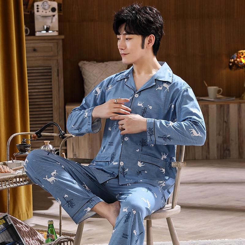 Pijama Erkek Uzun Kollu Pamuklu İlkbahar ve Sonbahar Pijamaları Erkekler için Sonbahar ve Kış Gençlik ve Orta Yaşlı İnce Yazlık Ev Giyimi Takım Elbiseler