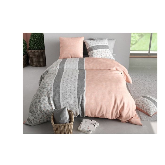 Parure de lit - Manda - 260 x 240 cm - 100% coton - Rose poudré et gris clair