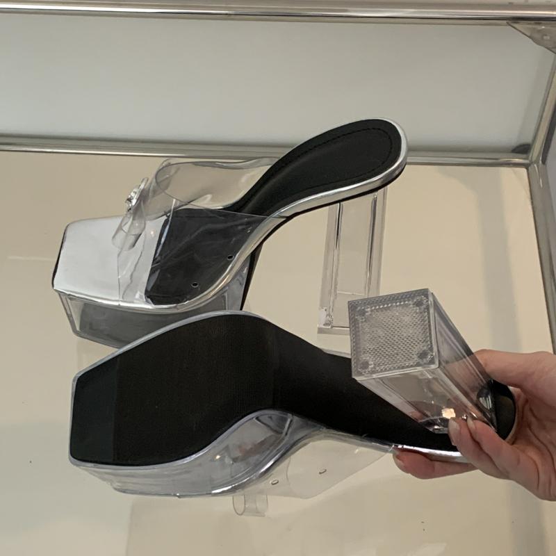 Summer Fashion Silver CRYSTAL PVC Transparent Platform Slippers Women Open Toe Square Heel Sandals Dance Ladies Shoes