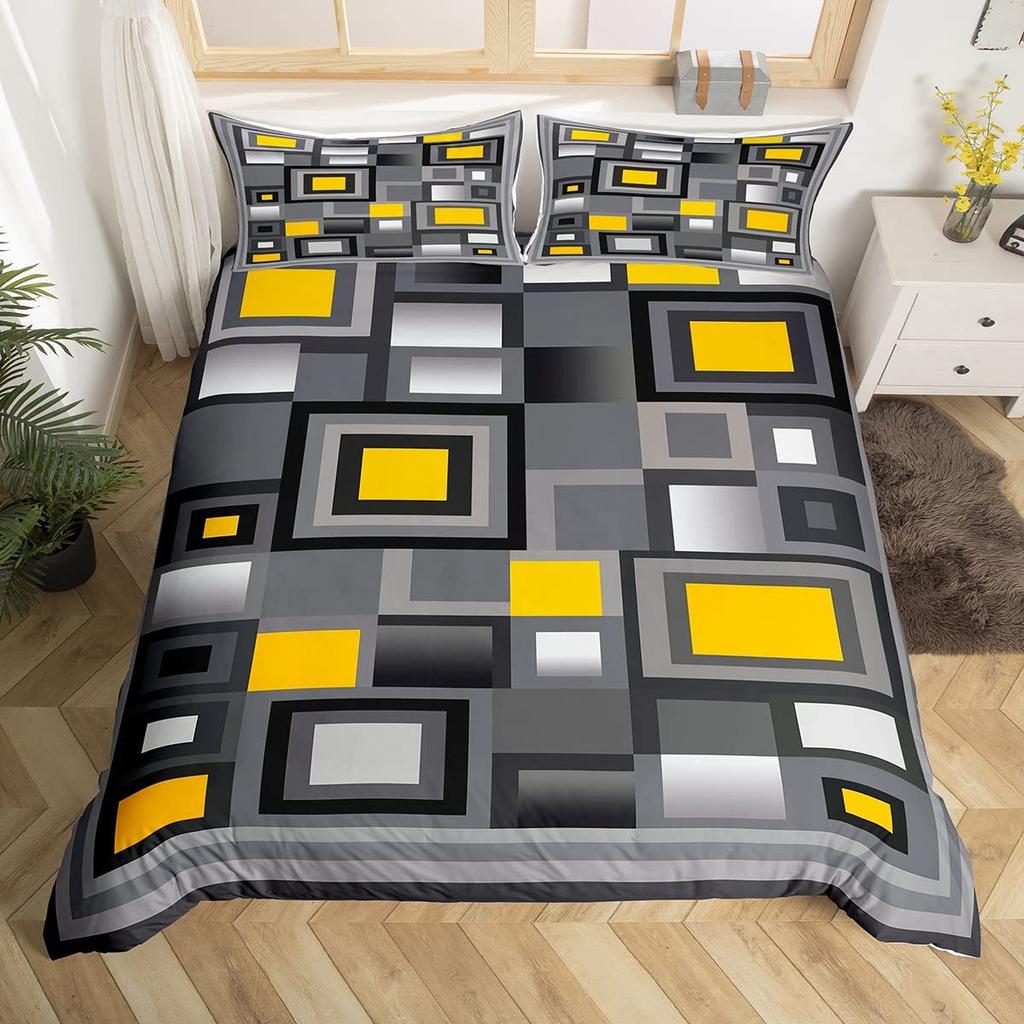 Grid Square Three-Piece Quilt Cover 3D Digital Printing Bedding Set Bed Cover
