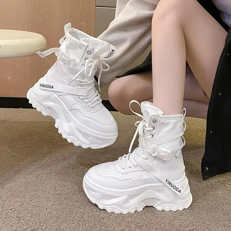 Women Chunky Platform Motorcycle Boots White Lace Up Thick Bottom Shoes Autumn Winter Ankle Botas De Mujer Fashion