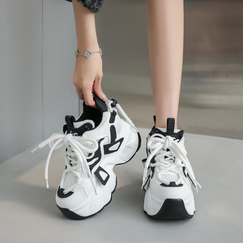 Fashion Fashion 8CM High Platform Sneakers Women Thick Sole Non Slip Sports Dad Shoes Woman Korea PU Leather Chunky Sneakers 2024 Spring