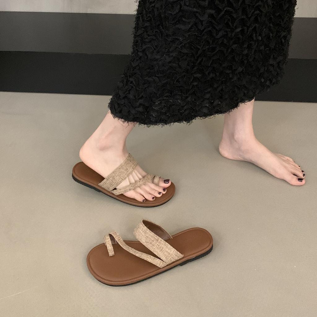 Flat-bottomed linen slippers women's shoes outer wear 2025 new summer jacket toe sandals holiday beach seaside sandals