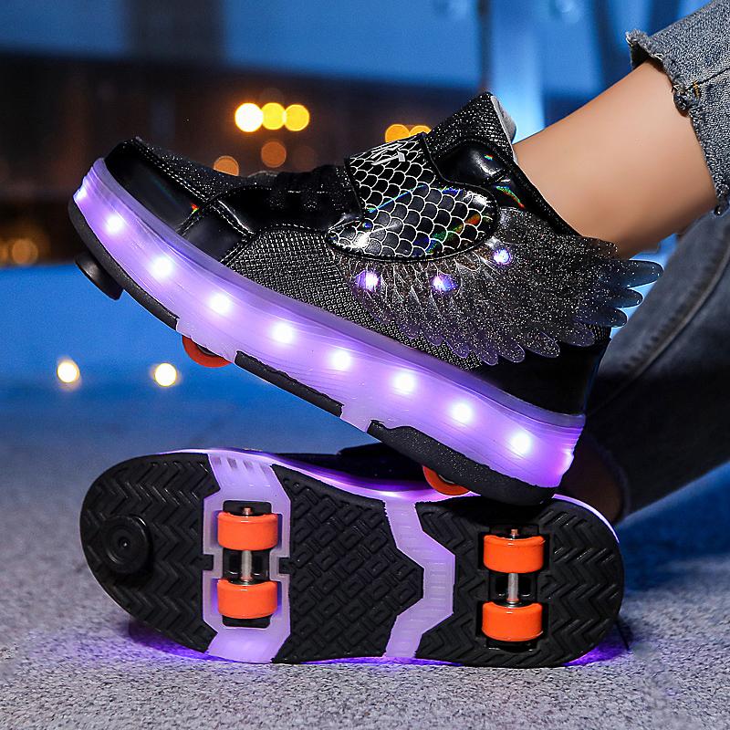 Kid's Four-wheel Detachable Flat Shoes Rechargeable LED Luminous Sports Shoes with Wings Children's Skates with Brakes Roller Skates sneakers