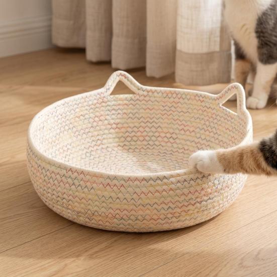 Cat Bed Basket Cotton Rope Pet Bed with Cat Ear Design Handwoven Sleeping Basket for Cats Puppies Rabbits Small Pets