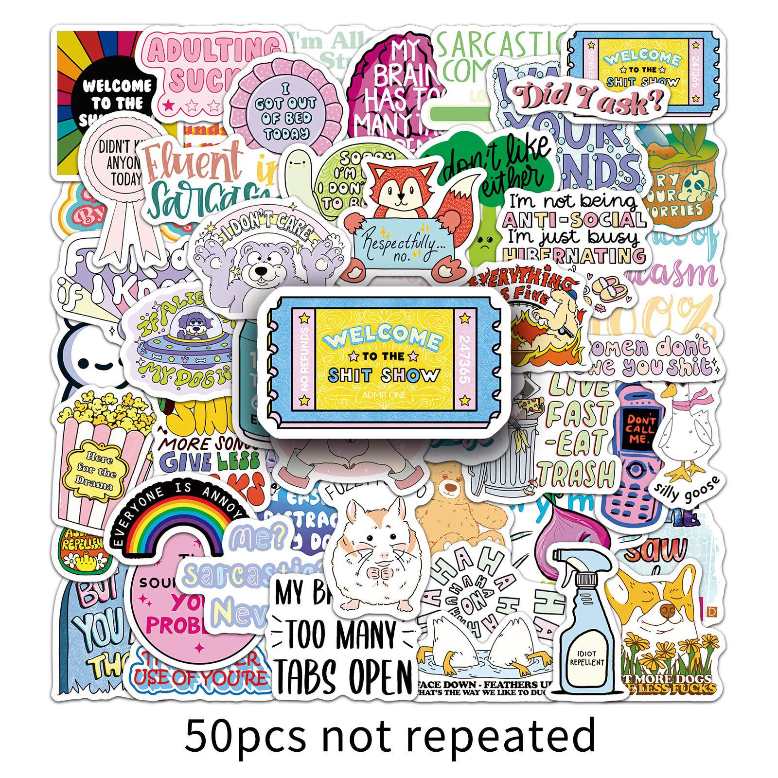 50PCS Sarcastic English Cartoon Stickers - Waterproof Phrases for Notebooks & Resin