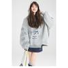 Double Layer Hat 2025 Spring Autumn Winter Graffiti Print Gray Sweatshirt Women's New Design Loose Top Hooded Jacket