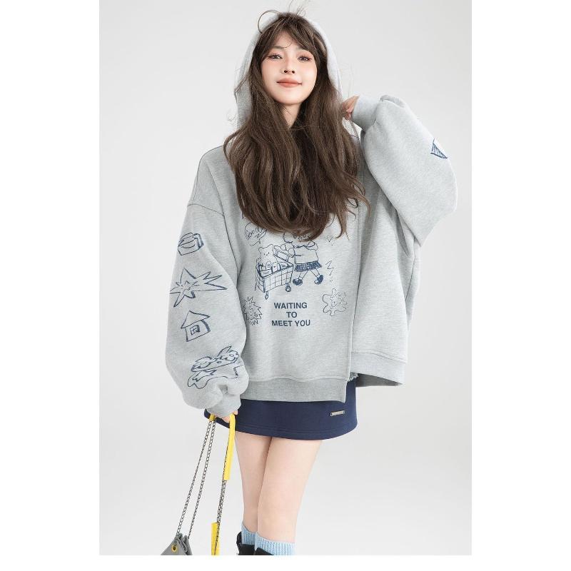 Double Layer Hat 2025 Spring Autumn Winter Graffiti Print Gray Sweatshirt Women's New Design Loose Top Hooded Jacket