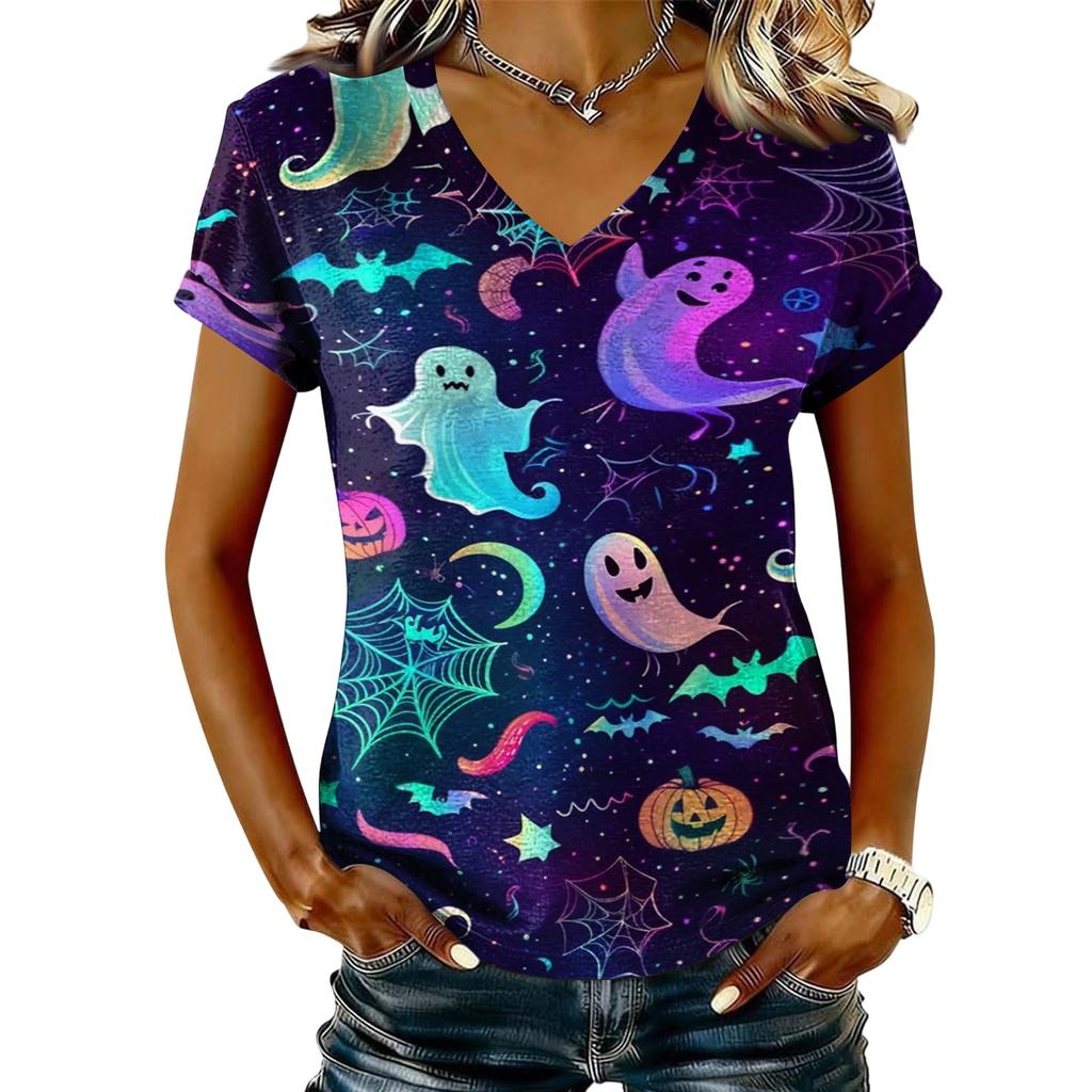 Women's V-Neck Short Sleeve Casual Pullover T-Shirt with Halloween Print