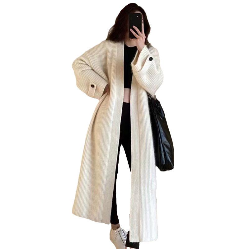 Cardigan tricotat moale cu gât în V pentru femei, Toamnă 2025 - Palton pulover confortabil, larg, până la genunchi