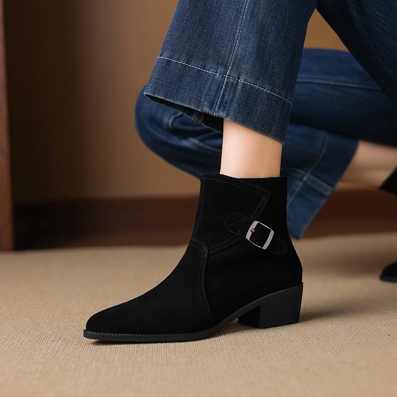 Fashion 2025 NEW Autumn Women Boots Cow Suede Leather Women Shoes Pointed Toe Ankle Boots Chunky Heel Western Modern Chelsea Boots