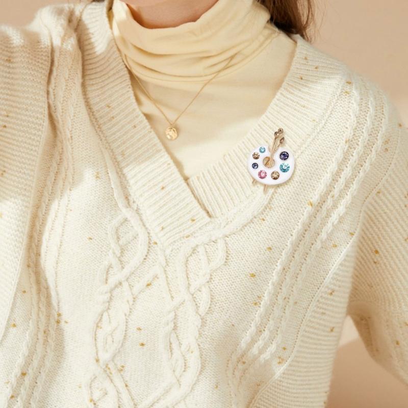 Enamel Rhinestones Art Palette Brooch Alloy Construction Lapel Pin Clothing Jewelry Accessory for Stylish Wear