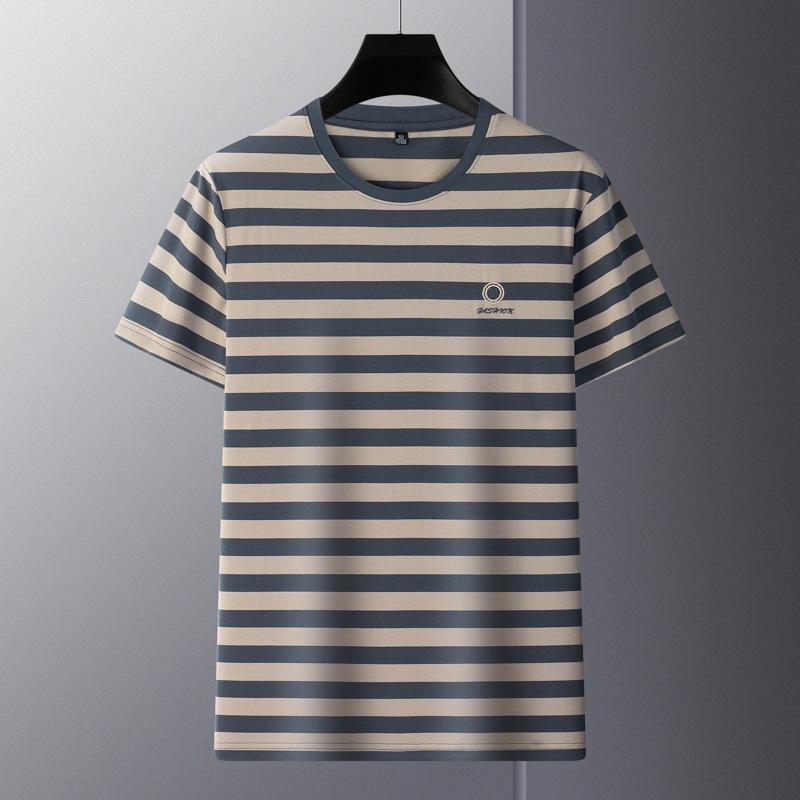 

2024 Мужская повседневная полосатая футболка-пуловер с круглым вырезом - Летняя с коротким рукавом XL серый/абрикосовый