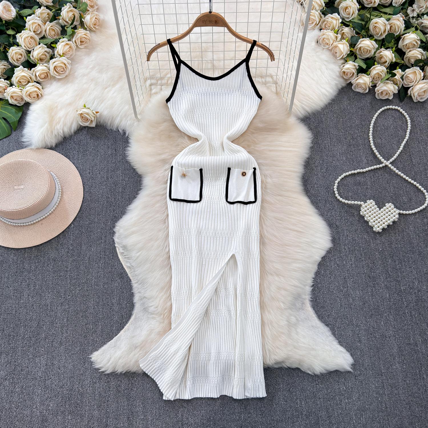 

Женское облегающее длинное платье контрастного цвета с вырезом на спине, корейское модное трикотажное платье на бретельках для девочек, элегантное летнее One Size белый