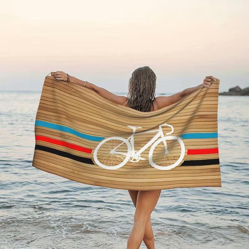 

Retro Wood Grain Road Bike Beach Towel Stripe Cycling Sport Print Soft Absorbent Quick Dry Beach Blanket for Travel Vacation W40*H60(CM)