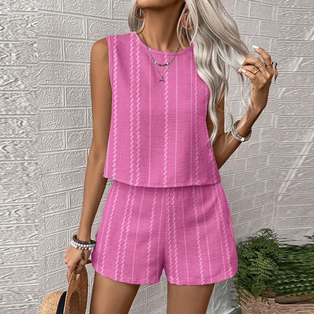 Women's Sleeveless Striped Tank Top and Shorts Set In Beige with Black Stripes | Casual Summer Two Piece Outfit