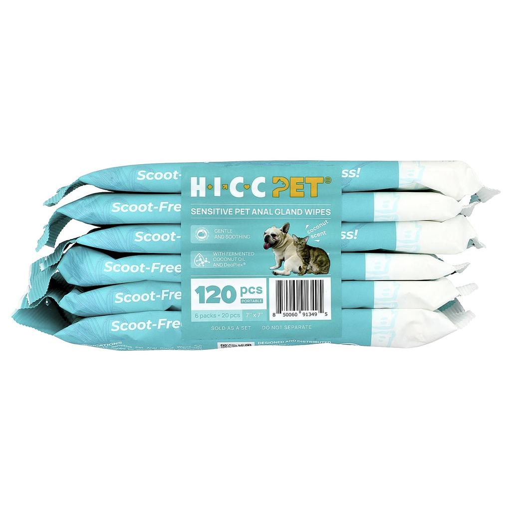 HICC Pet, Sensitive Pet Anal Gland Tissues, for Dogs and Cats, Coconut, 6 Packs, 20 Sheets Each