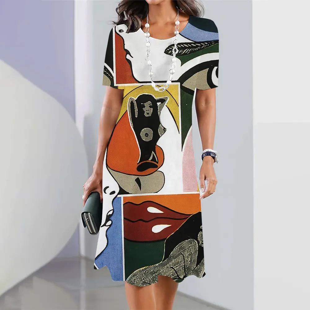 2026 New Summer Fashion Women's Short-sleeved Loose Dress Ladies Holiday Casual Loose Round Neck Dress 3d Facial Printing Clothes