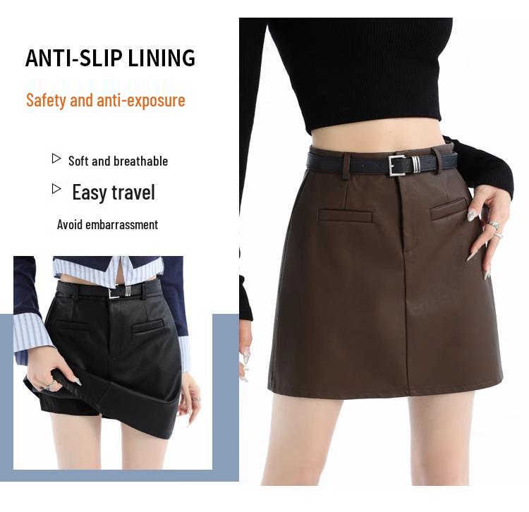 High-Waisted PU Leather A-Line Skirt for Women - Autumn 2024 College Style Mini Skirt