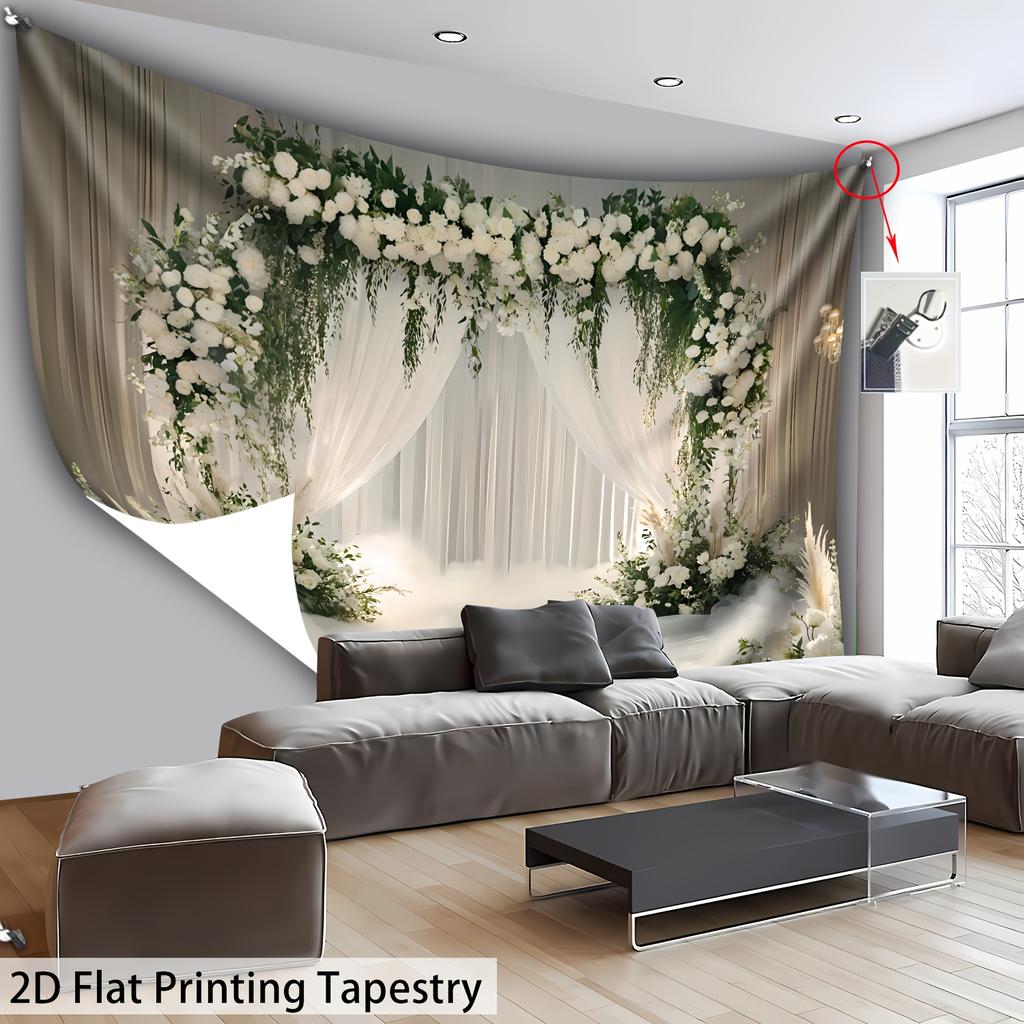 Omantic Floral Garland Tapestry, White Roses And Greenery Arch Print, Aesthetic Wall Art For Bedroom Living Room