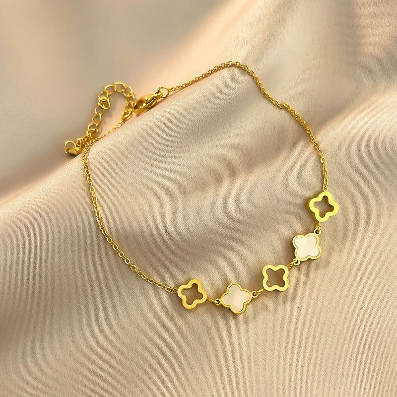 Gold Plated Stainless Steel Mother of Pearl Clover Charm Anklet