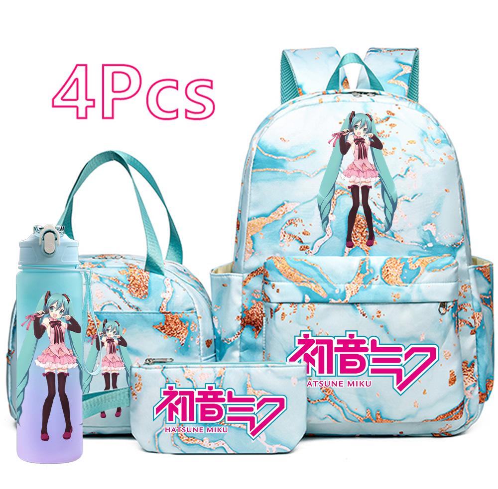 

4 шт./комплект Мультяшный рюкзак с принтом Hatsune Miku, сумка, пенал с бутылкой для воды 750 мл для подростка, мальчика, девочки, большой вместимости, водонепроницаемый школьный ранец