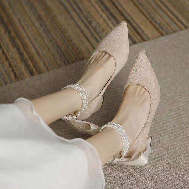French niche with skirt straps pearl high heels thick heel autumn Shu temperament dress black mid-heel shoes