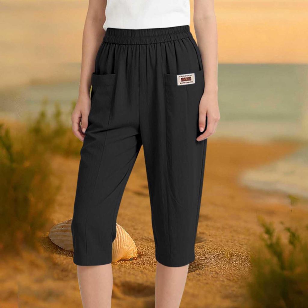 Women's Cotton And Linen Capried Pants Summer Elastomer Waist Haren Pants All- Casual Pants