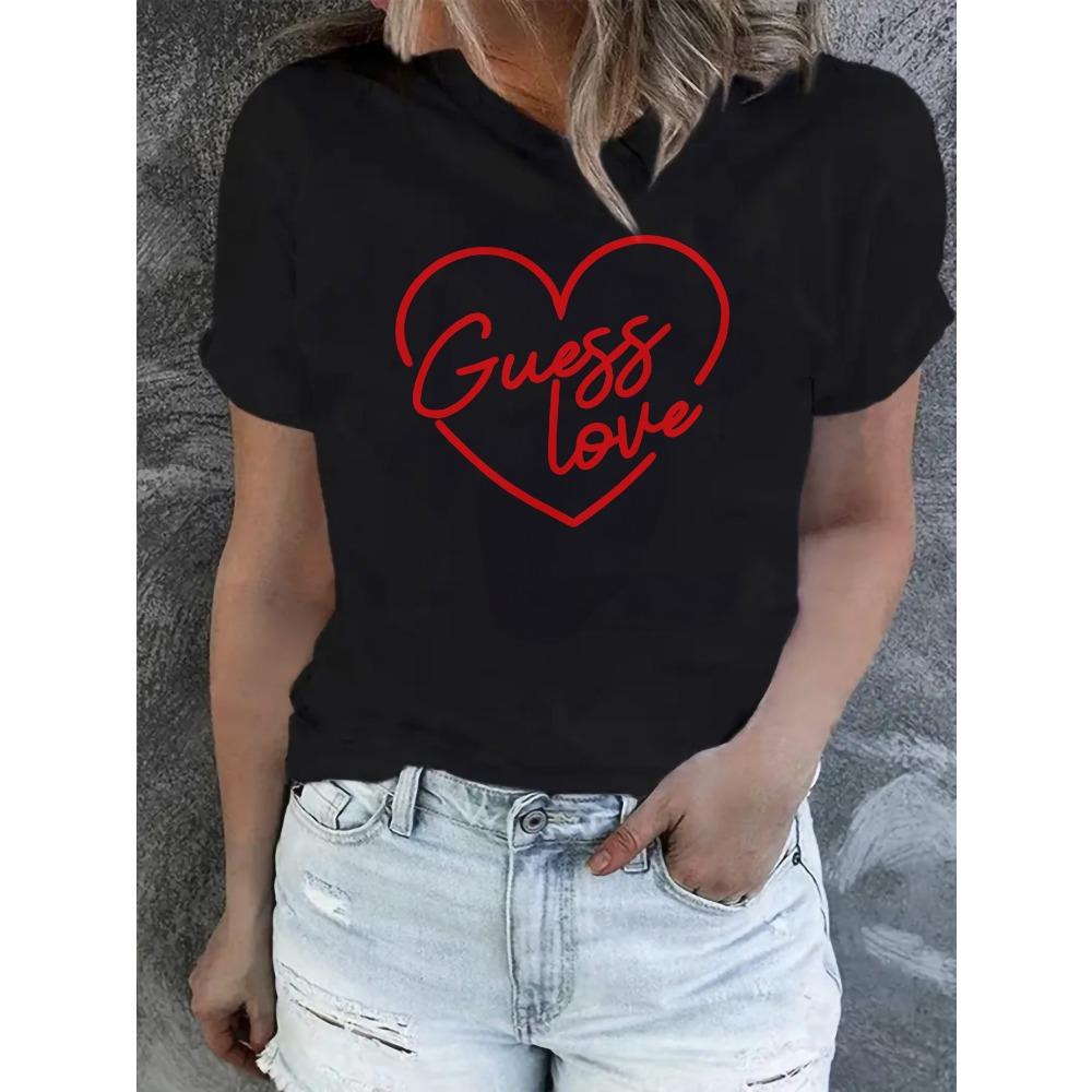 

Ladies Casual Short Sleeved T-shirt - Red Heart-shaped Guess Love Printed Round Neck Top XXXL
