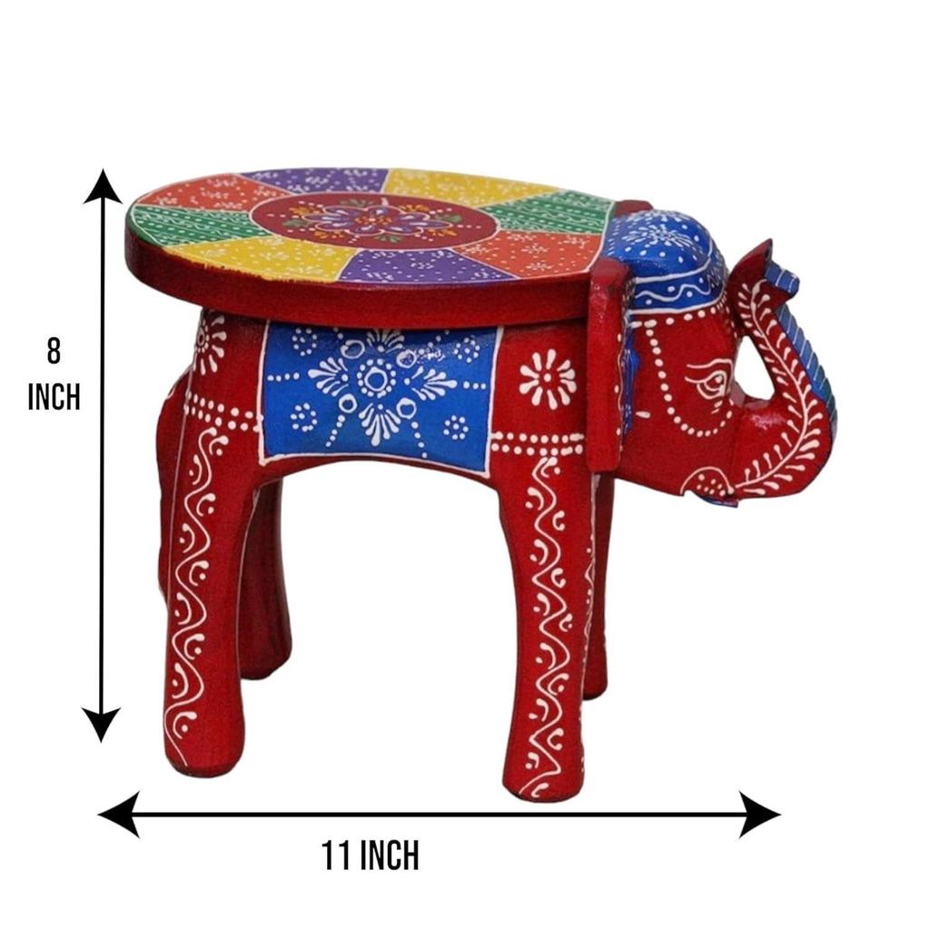 Hand-Crafted and Emboss Colorful Painted Wooden Elephant Shape Stool for Home/Office/Living or Bedroom Decor,Decorative Showpiece