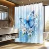 1pc Blue Butterfly Shower Curtain - Soft Watercolor Background, White Flowers, 70.8x70.8", 12 Hooks, Washable, Polyester