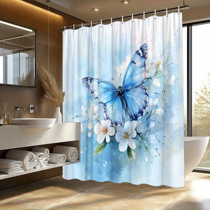1pc Blue Butterfly Shower Curtain - Soft Watercolor Background, White Flowers, 70.8x70.8", 12 Hooks, Washable, Polyester