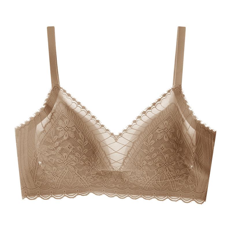 Women Pink Lace Wireless Bra with Scalloped Trim and Adjustable Straps