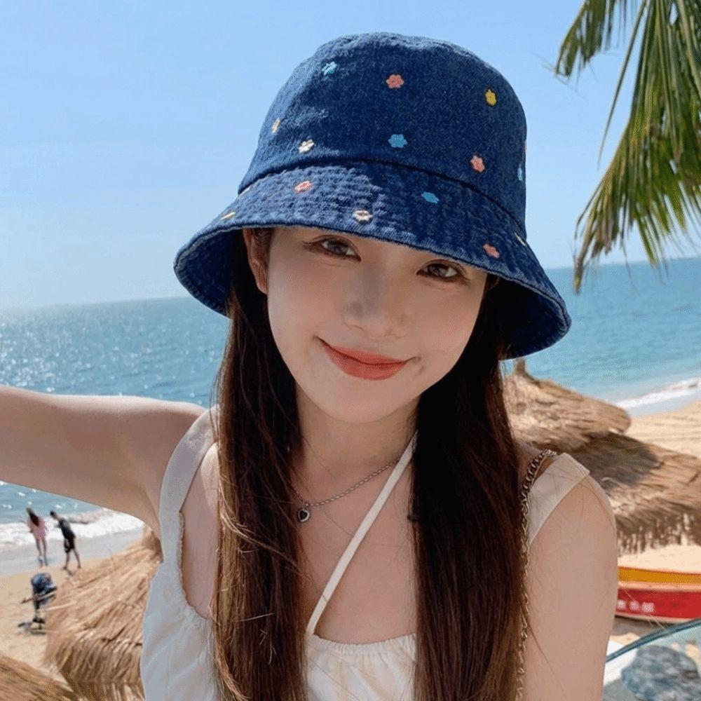 Retro Flower Embroidery Cowboy Hat Sun Protection Sun Cap Korean Fashion Fisherman's Hat  Summer