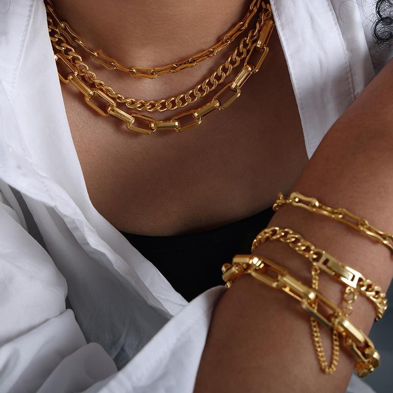 316L Stainless Steel Gold Color Geometric Chain Necklace Bracelets For Women Girl New  Non-fading Jewelry Set