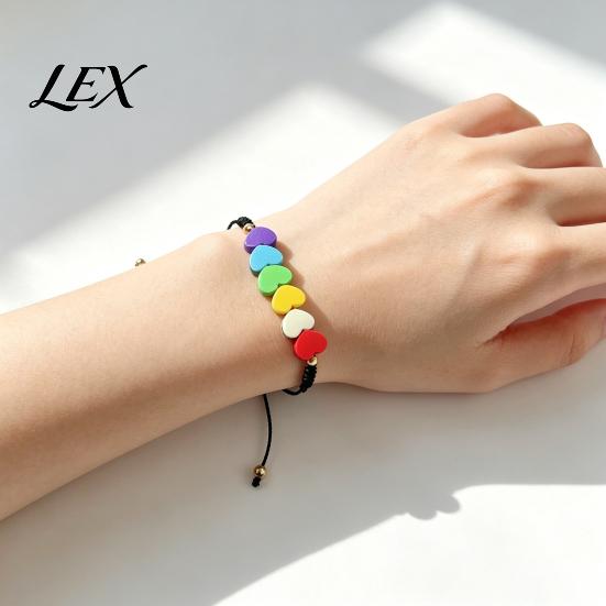 Dainty Trendy Gift for Her Colorful Hearts Bracelet, Handmade Braided Cord String Adjustable Boho Style Woven Bracelet Heart Shaped Clay Beads Jewelry