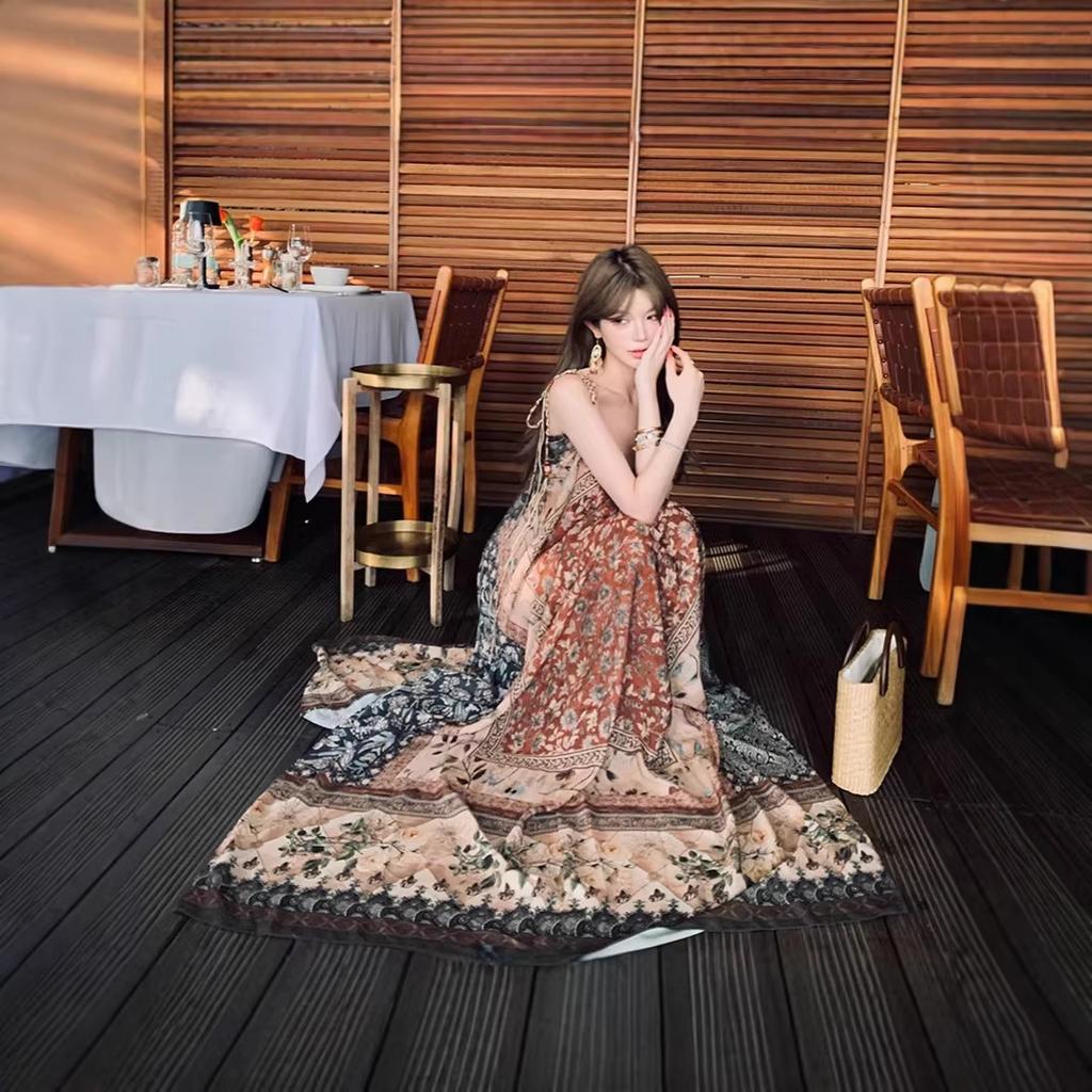 Positioned Print Loose Spaghetti Strap Dress for Women, Summer Bohemian Lazy Vacation Style