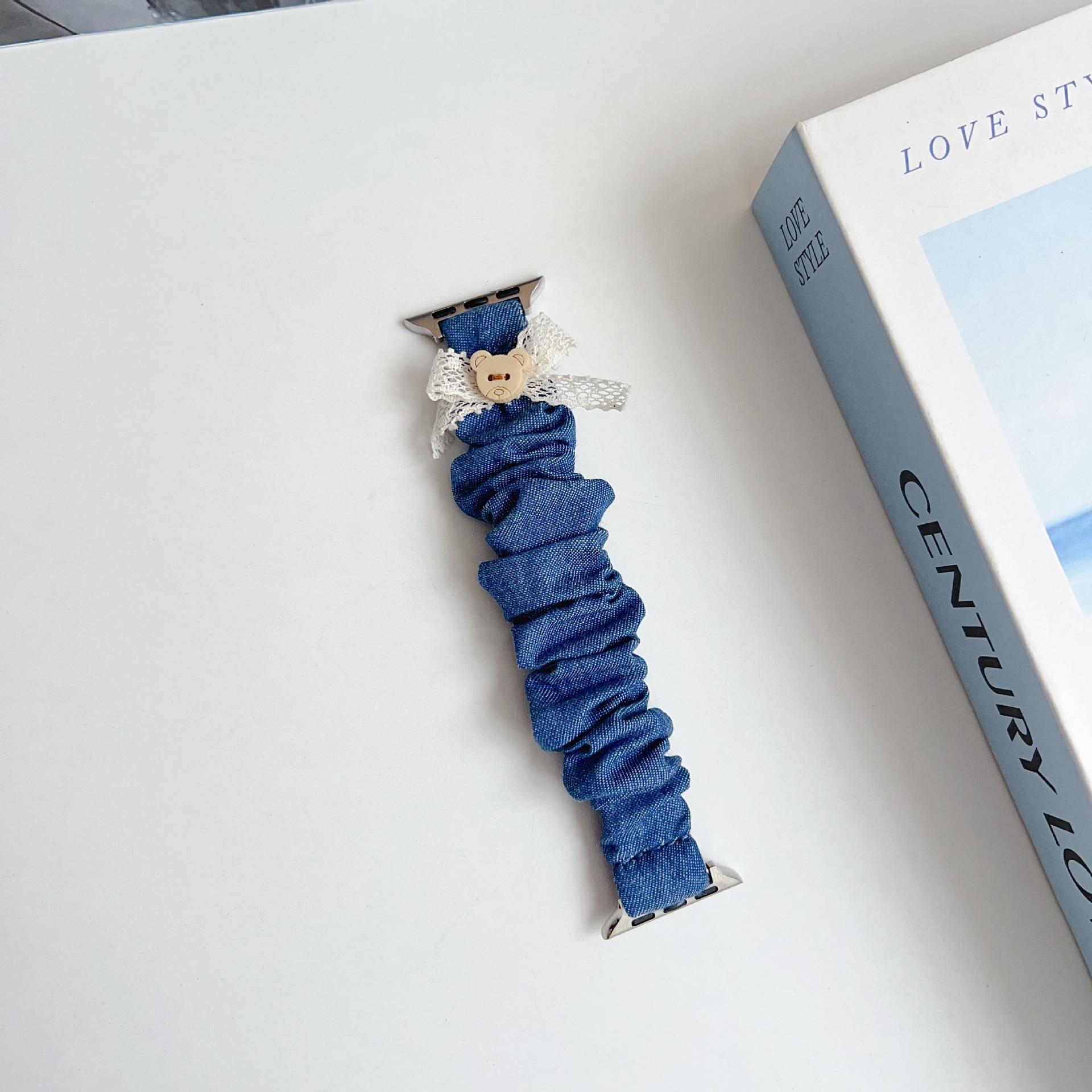 

Bow Bear Denim Elastic Hair Band Strap Is Suitable For Apple Applewatch109876 Generation Se Watch. (1/2/3 generation 42mm)/44/45/46/49mm universal темно-синього кольору
