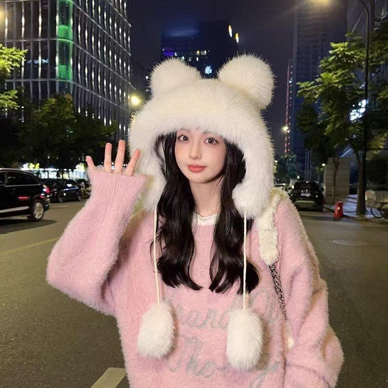 1Pcs Thicken And Warm Ear Protection Wind And Snow Hat Plush Little Bear Lei Feng Hat Winter New Women'S Plush Cute Bear Ear Hat