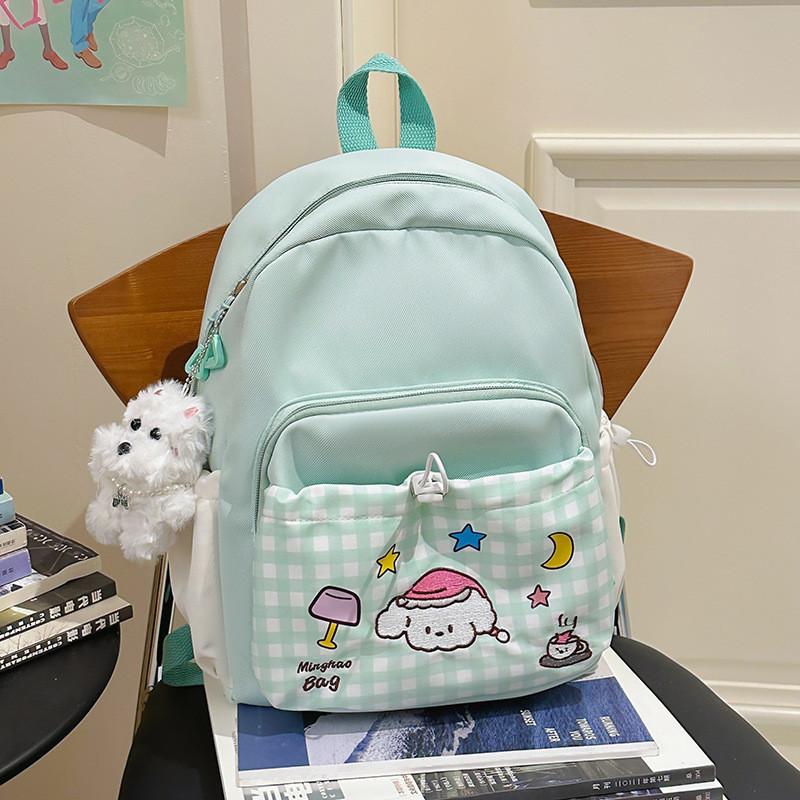 Casual Student Backpack With Dog Star Moon Desk Lamp Checkered Pattern For Girls Travel And School