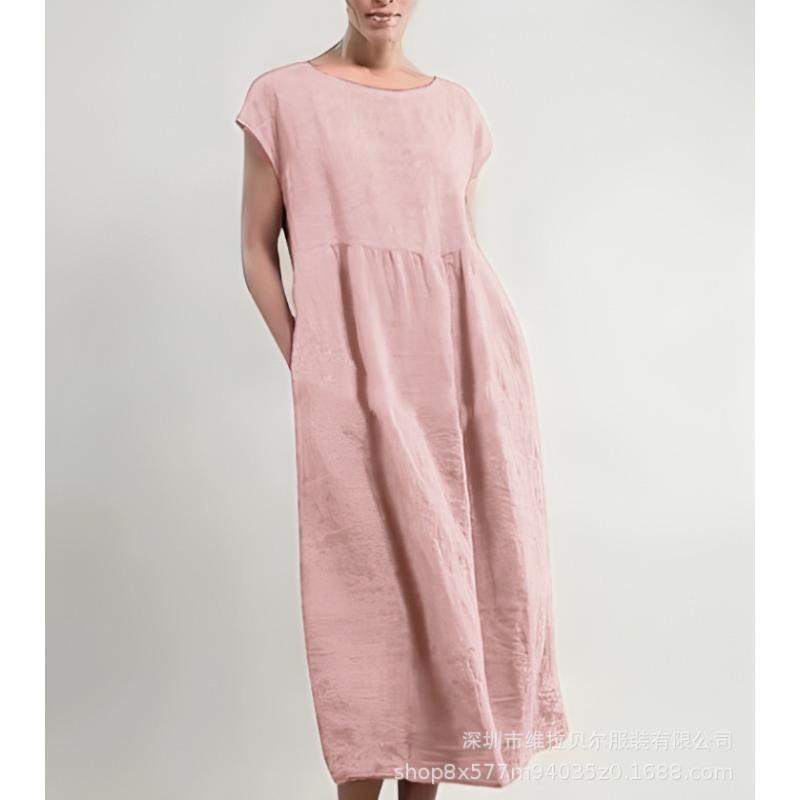 Summer Round Neck Solid Color Short-sleeved Dress Loose Cotton and Linen Pocket Women's Dress
