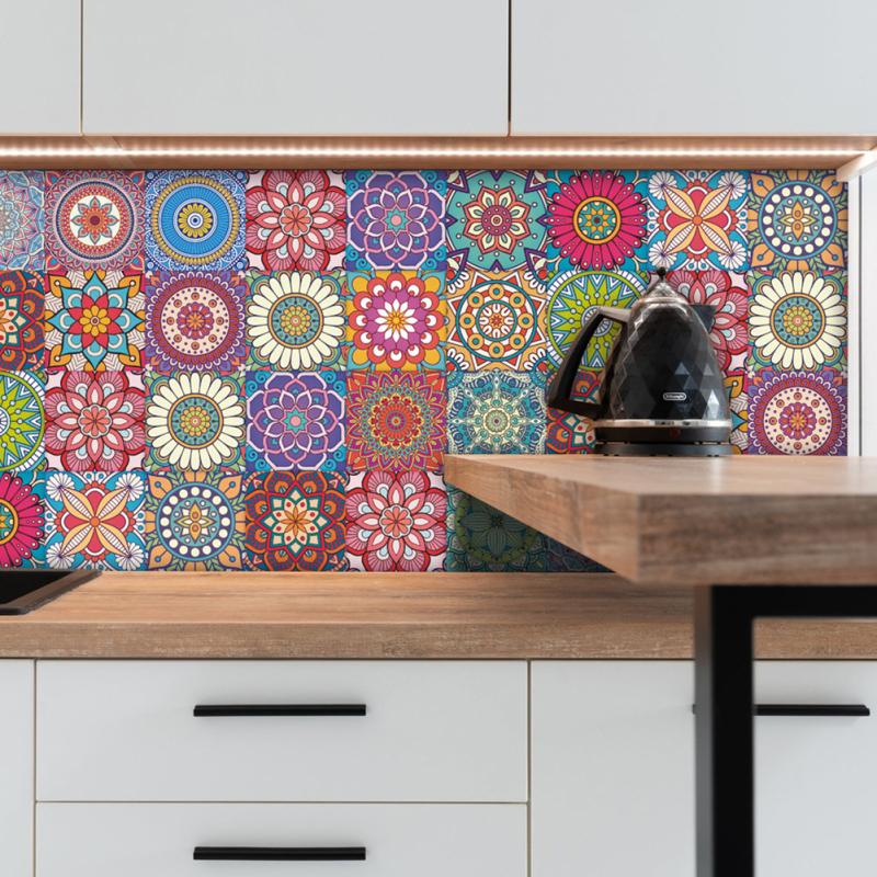 24 de bucăți autocolante de faianță cu mandala, retro, colorate, impermeabile, rezistente la căldură, autoadezive, perete de țiglă