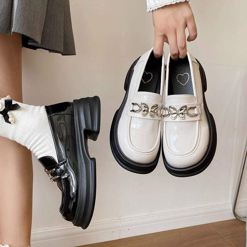 British Retro Small Leather Shoes Women's Thick-soled Shallow-mouth Single Shoes Increase the Height of Versatile College Style Loafers One-pedal